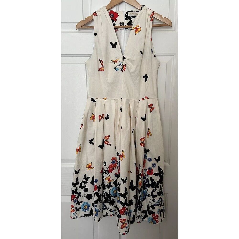BelleโPogue Dress Butterfly Floral Fit N Flare Small Sleeveless Ivory Colorful